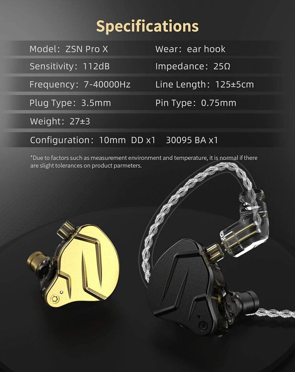 KZ ZSN PRO X Hifi in Ear Monitor, 1BA 1DD Earbud Headphone Dual Driver Drummer Musician Earphone Stereo Headset with Removable C Pin Cable for Church (NO Mic, Dark Black)